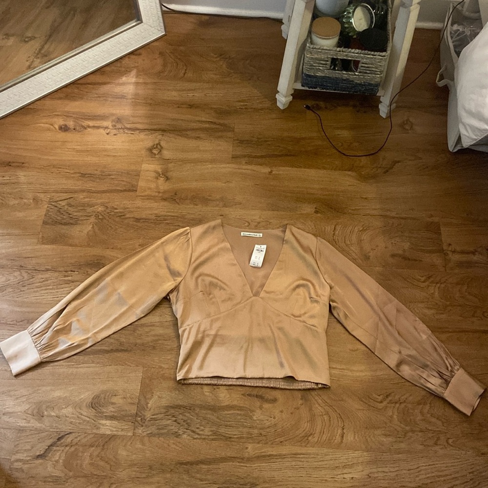 Abercrombie & Fitch Champagne Long-Sleeve Satin Puff Sleeve Top